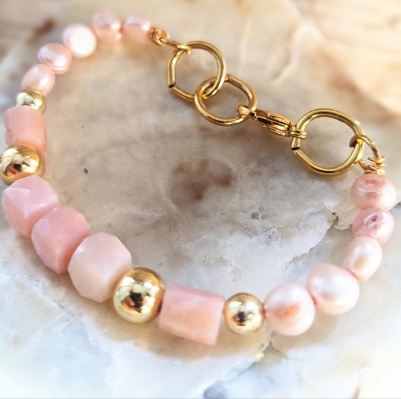 Natural Pink Opal Stones With Pink Freshwater Pearls Necklace And Bracelet - Picture 9 of 9